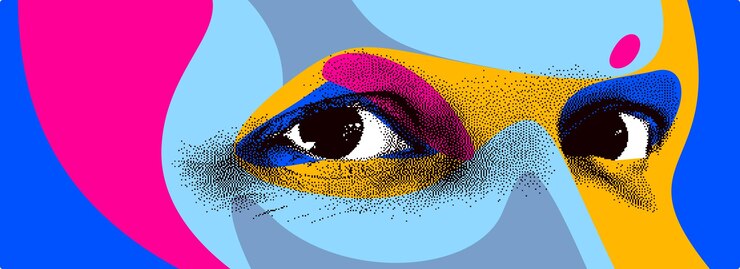 Vetor olhando para os olhos abstração vetorial de estilo de design pontilhado de 8 bits, elemento de design estilizado de rosto humano, com splats coloridos.
