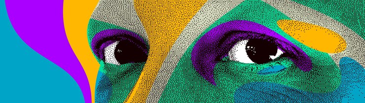 Vetor olhando para os olhos abstração vetorial de estilo de design pontilhado de 8 bits, elemento de design estilizado de rosto humano, com splats coloridos.
