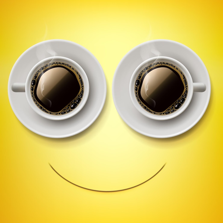 Vetor olhar de sorriso feito de duas xícaras de café, bom dia, rosto sorridente emoji, fundo amarelo, vetor