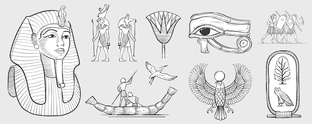 Olho de horus faraó máscara de tutancâmon cegonha palma coruja cártula pescador em barco de papiro guerreiros horus falcon amun ra anubis