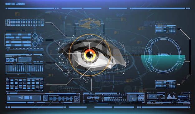 Olho em processo de digitalização. varredura biométrica com interface futurista de hud. controle e segurança nos acessos. sistema de vigilância, tecnologia imersiva