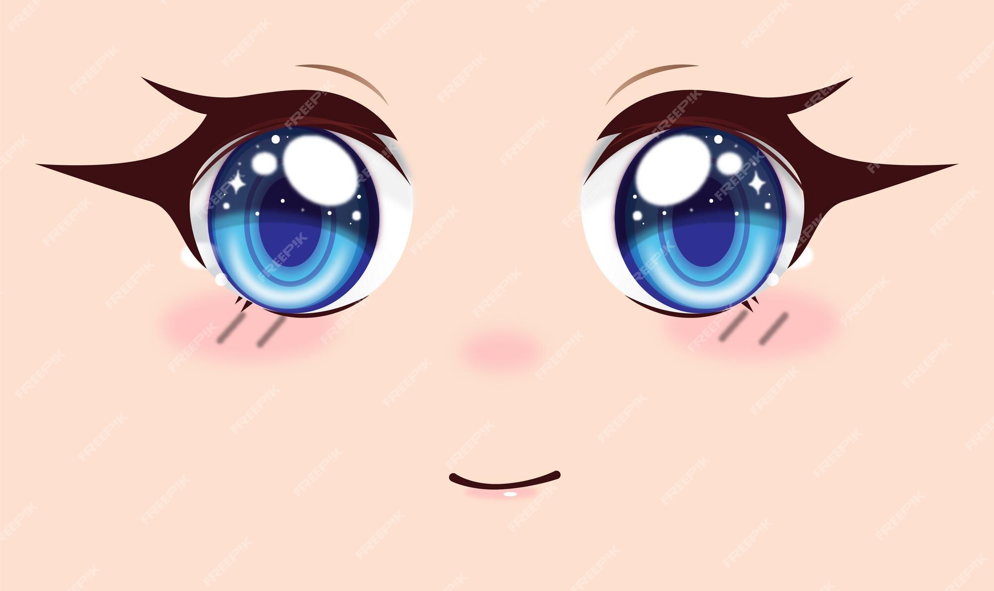 Cara de anime feliz. olhos fechados estilo mangá, nariz pequeno e boca  kawaii. mão-extraídas ilustração vetorial. isolado no branco