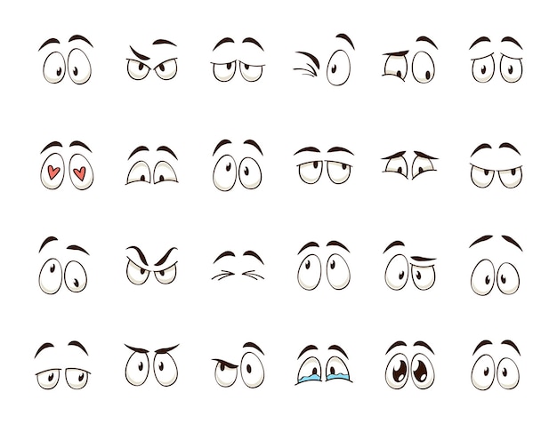 Olhos de desenho animado. expressões de sobrancelhas e olhos de personagem em quadrinhos sorrindo, chorando e surpreso. caricatura doodle emoções ou emoticon. conjunto de ícones de ilustração vetorial isolado