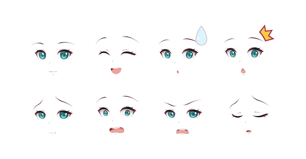 Olhos, sobrancelhas e expressões da boca dos personagens de anime dos  desenhos animados. personagens femininas de mangá enfrenta conjunto de  ilustração vetorial. personagens de expressões de anime manga girl, emoção  rosto de