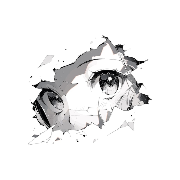Olhos de mangá olhando de uma lágrima de papel, garota de anime de cor preto e branco espreita isolada