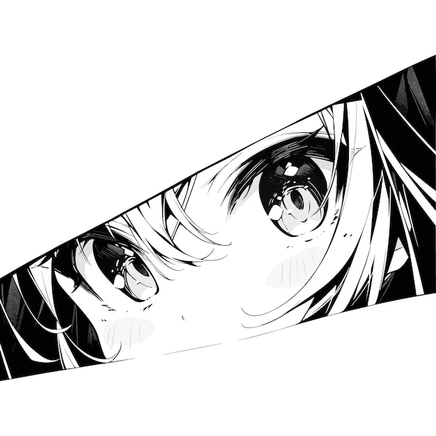 Vetor olhos de mangá olhando de uma lágrima de papel, garota de anime de cor preto e branco espreita isolada