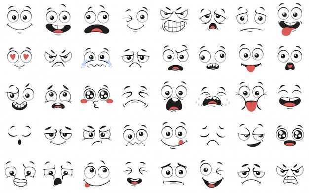 Vetores de Rostos De Desenhos Animados Olhos Expressivos E Boca Sorrindo  Chorando E Surpreso Personagens Rosto Expressões Personagens Emoji Emoticon  Bonito Em Estilo Japonês Conjunto De Ícones De Ilustração Vetorial Isolado e