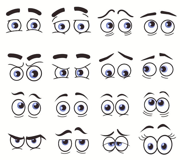 Olhos engraçados dos desenhos animados. rostos de desenhos animados. olhos expressivos. personagem sorridente, feliz, chorando e surpresa, coleção de emoções em quadrinhos. conjunto de vetores