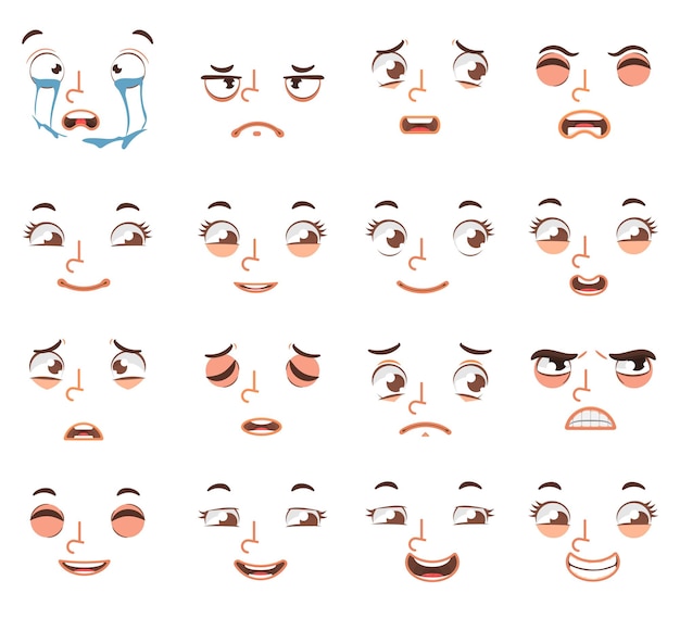 Vetor olhos expressivos e boca sorrindo chorando e expressão facial surpresa do personagem estilo de desenho animado