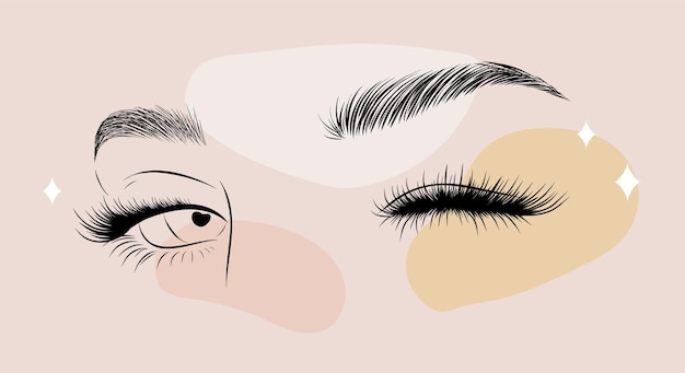 Olhos femininos minimalistas em manchas coloridas Cílios e sobrancelhas femininos lineares Ilustração vetorial em estilo de desenho de uma linha Perfeito para logotipo