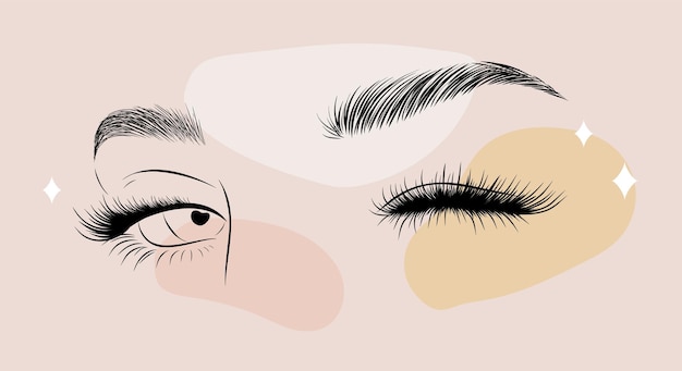 Olhos femininos minimalistas em manchas coloridas cílios e sobrancelhas femininos lineares ilustração vetorial em estilo de desenho de uma linha perfeito para logotipo