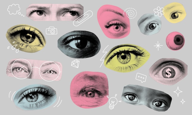 Olhos humanos em meio tom e elementos decorativos de rabiscos conjunto de colagem de arte adesivos cortados com pontos de moda Grunge ilustração vetorial moderna