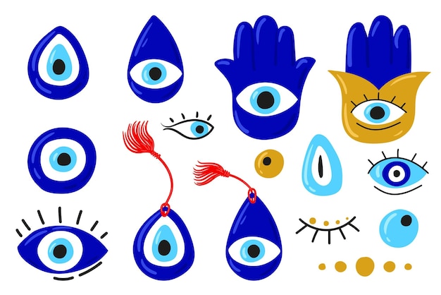 Olhos maus conjunto de mascotes diferentes desenhados à mão olho mau hamsa mão de fátima olho da providência