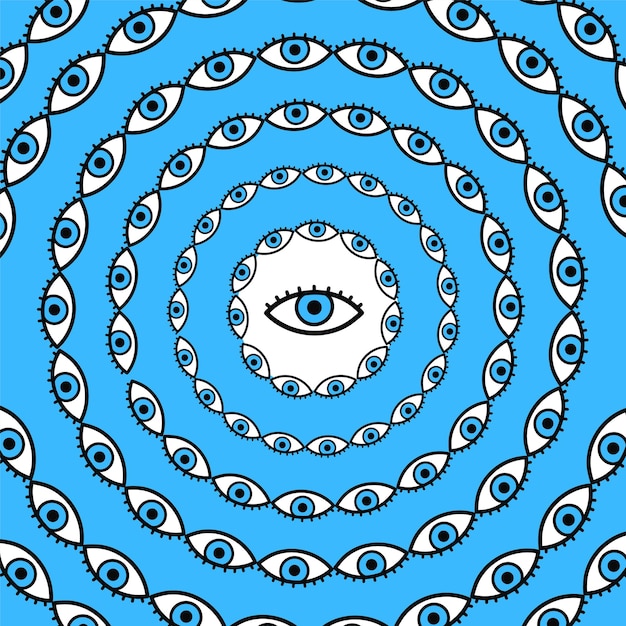 Olhos psicodélicos giram em círculos. linha desenhada mão do vetor doodle logotipo da ilustração dos desenhos animados. psicodélico, terceiro olho, impressão trippy para camiseta, pôster, conceito de cartão