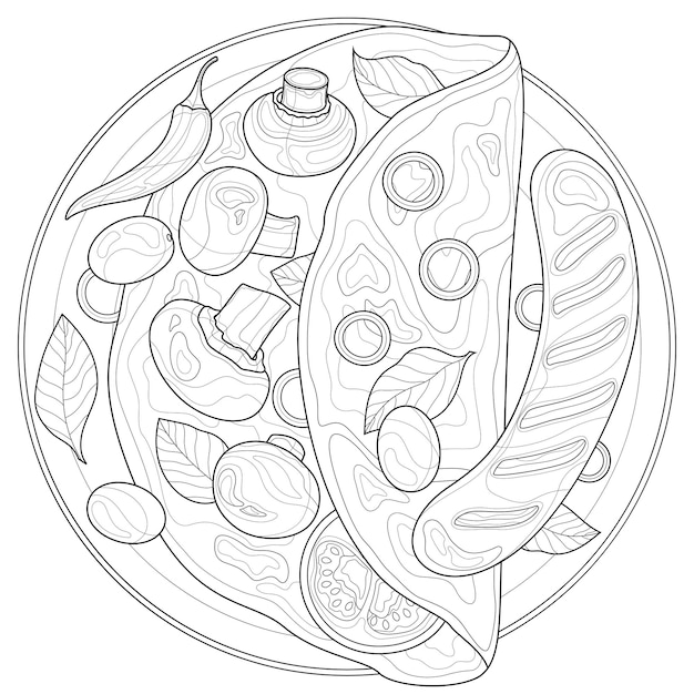 Omelete com salsicha e cogumelos. livro para colorir anti-stress para crianças e adultos. ilustração isolada no fundo branco. estilo zen-emaranhado.