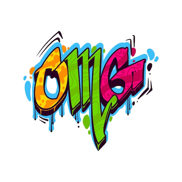 Vetor omg graffiti arte de rua estilo urbano arte de rua rabiscar graffiti de parede slogan ou tinta de spray adolescente etiqueta vetor isolada impressão de cultura hip hop com tinta laranja verde e rosa texto omg