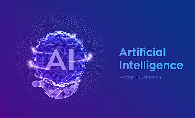 Onda de grade de esfera com código binário. ai inteligência artificial logo na mão. conceito de aprendizado de máquina.