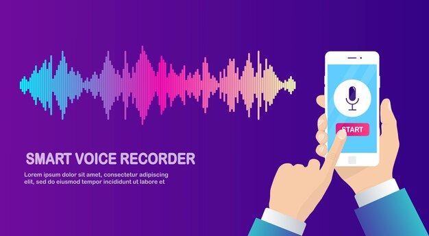 Onda de gradiente de áudio de som do equalizador. Celular com ícone de microfone. Aplicativo de telefone para gravação de voz