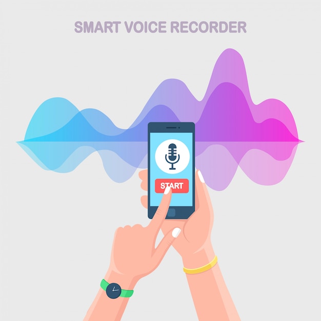 Onda de gradiente de áudio de som do equalizador. Celular com ícone de microfone na tela. Aplicativo de celular para gravação de rádio de voz digital. Frequência da música no espectro de cores.