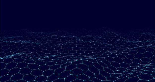 Onda de hexágono vetorial futurista Ciberespaço escuro Onda abstrata com pontos e linha Partículas em movimento brancas no fundo