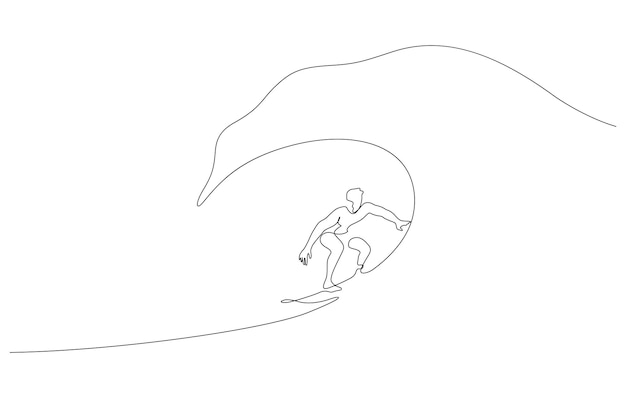 Onda de surfista surfando equilibrando arte de linha suave estilo de uma linha