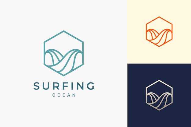 Onda do oceano ou logotipo do surf em forma de hexágono simples