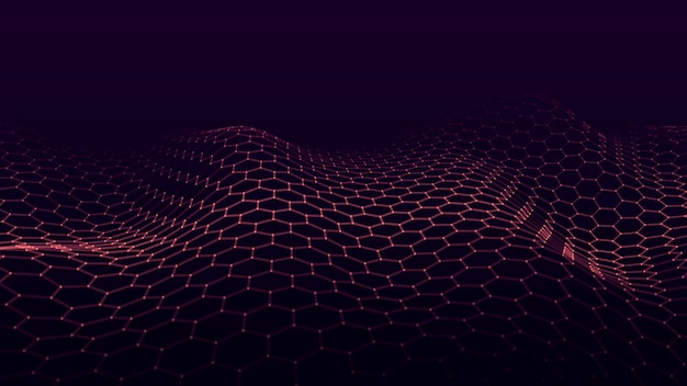 Onda hexagonal futurista abstrata com pontos e linhas móveis Fluxo de partículas Ilustração de tecnologia cibernética vetorial