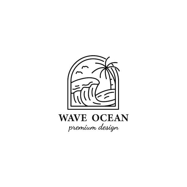 Onda oceano logotipo ícone ilustração minimalista linha arte vector design palma ao ar livre