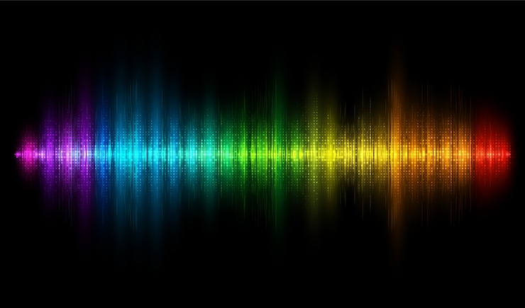 Vetor onda sonora colorida. fundo de equalizador de arco-íris. onda de áudio, frequência, melodia, trilha sonora eq illustration.