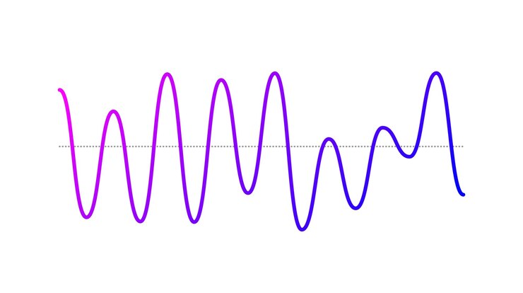 Vetor onda sonora de curva roxa. sinal de áudio de voz ou música. linha senoidal. gráfico de rádio eletrônico.