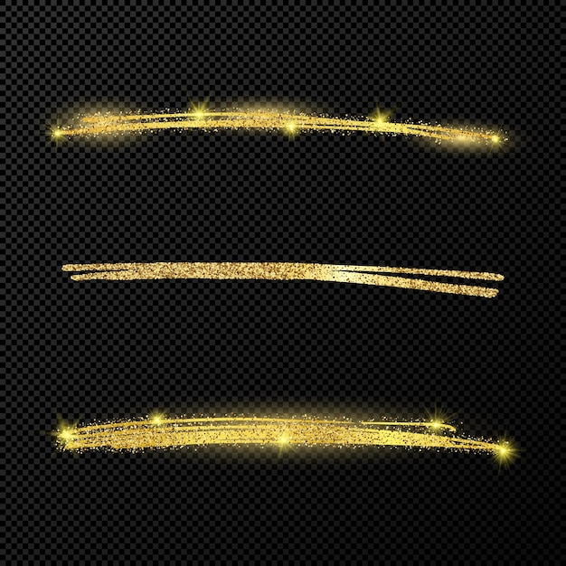 Vetor ondas cintilantes de confetes brilhantes abstratos. conjunto de três pinceladas douradas de mão desenhada sobre fundo preto transparente. ilustração vetorial