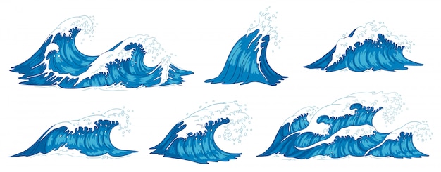 Ondas do oceano. onda de água do mar revolto, ondas de tempestade vintage e marés ondulações mão ilustrações desenhadas