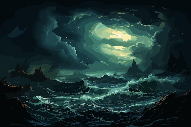 Ondas do oceano tempestam no mar com nuvens azuis e cinzentas paisagem marinha pintada em aquarela
