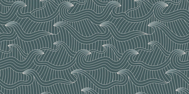 Ondas onduladas lineares desenhadas à mão oceano água do mar padrão sem costura fundo oriental abstrato verde