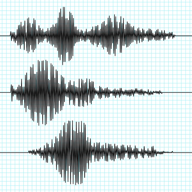 Ondas sismográficas de frequência, sismograma, gráficos de terremoto. conjunto de vetores de ondas sísmicas