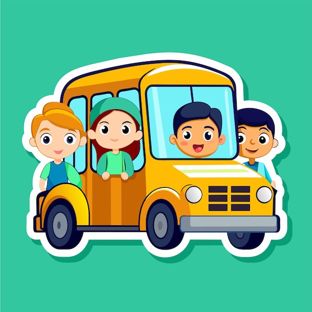 Ônibus de crianças indo para a escola desenhado à mão plano estiloso adesivo de desenho animado conceito de ícone ilustração isolada