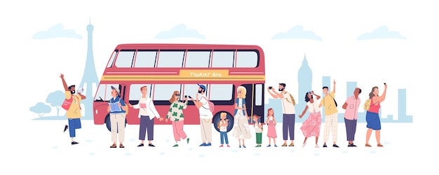 Ônibus de grupo turístico turistas de viagem turistas em multidão com guia excursão em londres turismo de transporte estrangeiro turismo de pontos turísticos férias de viagem ilustração vetorial elegante