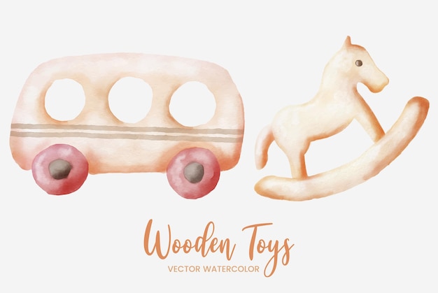 Ônibus e cavalo brinquedos de madeira aquarela conjunto coleção arte design gráfico ilustração vetor