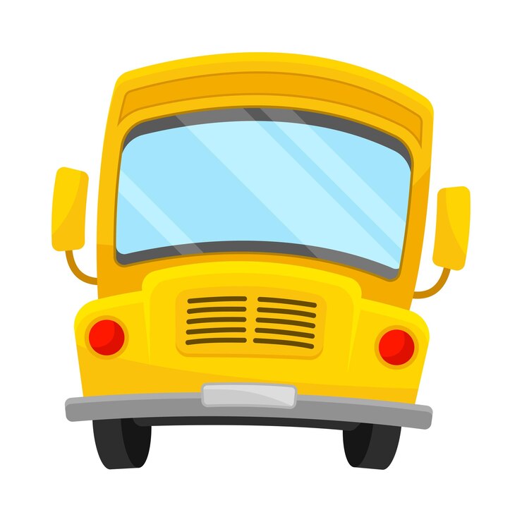 Vetor ônibus escolar de cor amarela clássico projetado na frente e telhado curvo arqueado faróis vermelhos inclinados para a esquerda ilustração de desenho animado estilo cômico isolado em fundo branco