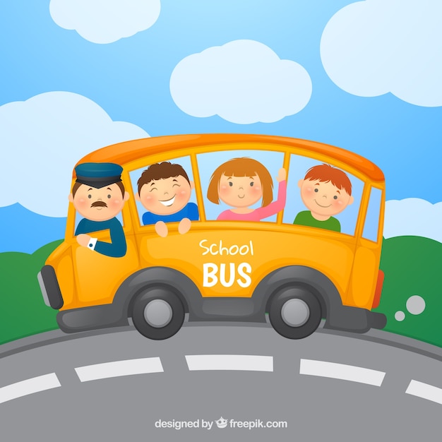 Ônibus escolar desenhado de mão com crianças