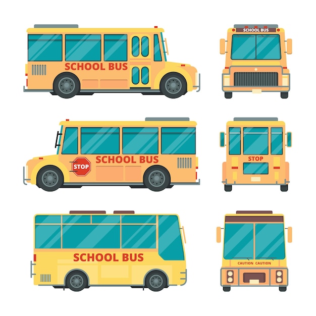 Ônibus escolar. veículo de cidade amarela para crianças transporte diário infantil vetor transporte urbano várias vistas. veículo de ônibus amarelo, ilustração de automóvel escolar