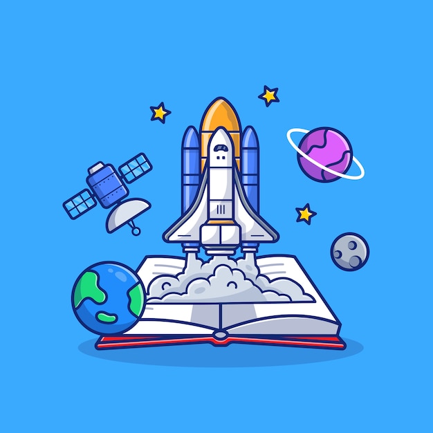 Vetor Ônibus espacial com livro, satélite e planetas cartoon ilustração.