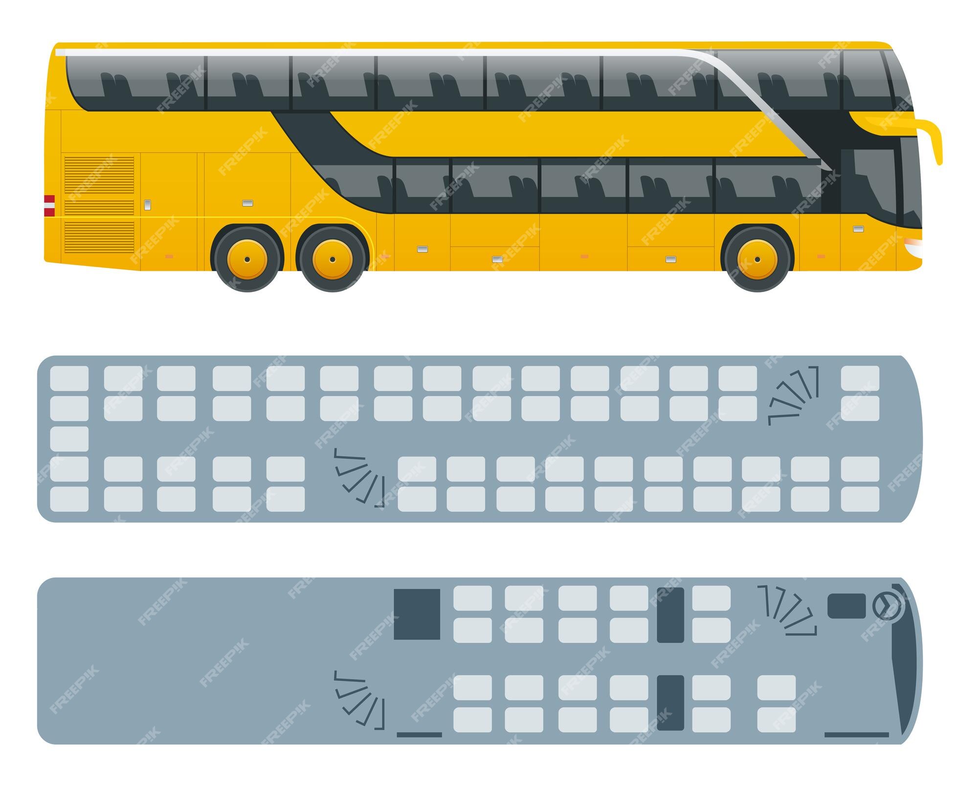 Ônibus isométrico de dois andares ou intermunicipal e plano de disposição  dos assentos. transporte urbano. para infográficos e jogos de design.