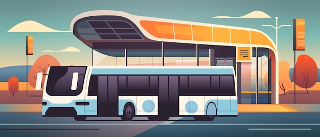Ônibus na cidade moderna, edifício de transporte público, terminal de espera para transporte de passageiros, conceito em movimento confortável ilustração vetorial horizontal