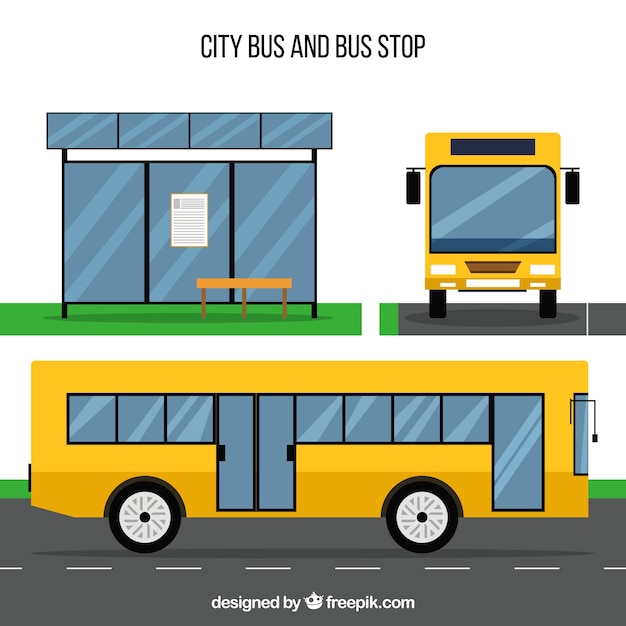 Ônibus urbano e ponto de ônibus com design plano