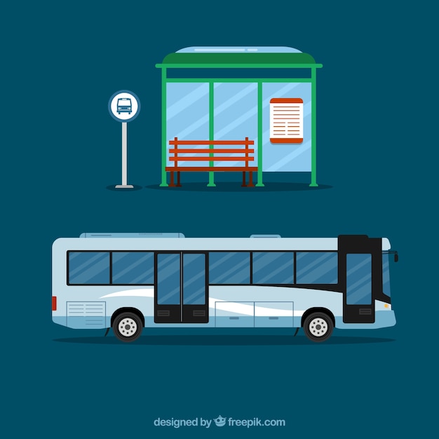 Vetor Ônibus urbano e ponto de ônibus com design plano