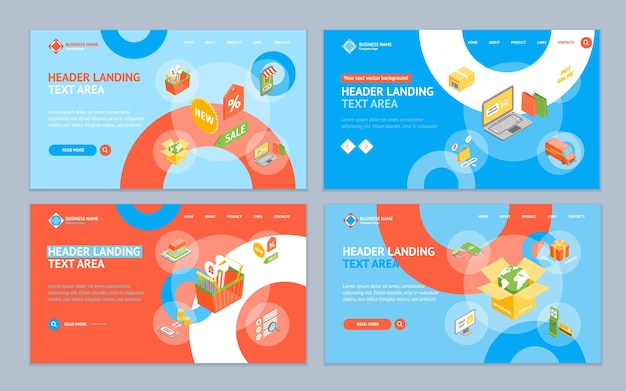 Online Shopping Landing Web Page Template Set Isometric View Incluir de Entrega Carro Laptop Telemóvel e Caixa de Presentes Ilustração vetorial