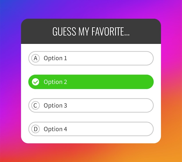 Opção de teste. adesivo de mídia social de interface de pergunta, maquete de botões de seleção e adivinhação, quadro em fundo gradiente brilhante, janelas com respostas corretas e incorretas, modelo de vetor de web design