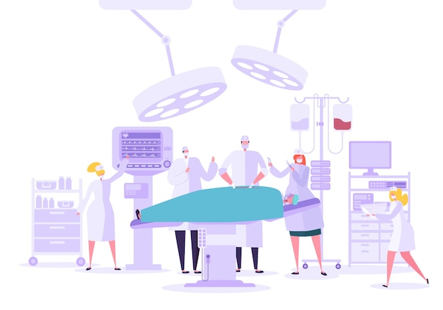 Operação de cirurgia médico-hospitalar na sala de cirurgia. Personagens de médico e enfermeira realizando operação cirúrgica no paciente.