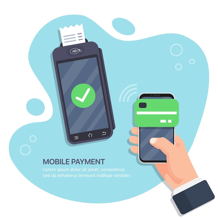 Vetor operação de pagamento bem-sucedida. terminal pos confirma o pagamento por smartphone. mão segurando smartphone com pagamento móvel